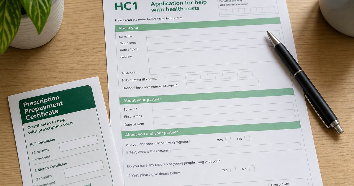 Forms for help with NHS health costs on a desk